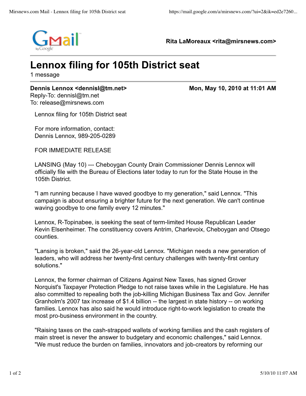 Lennox Filing for 105Th District Seat 1 Message