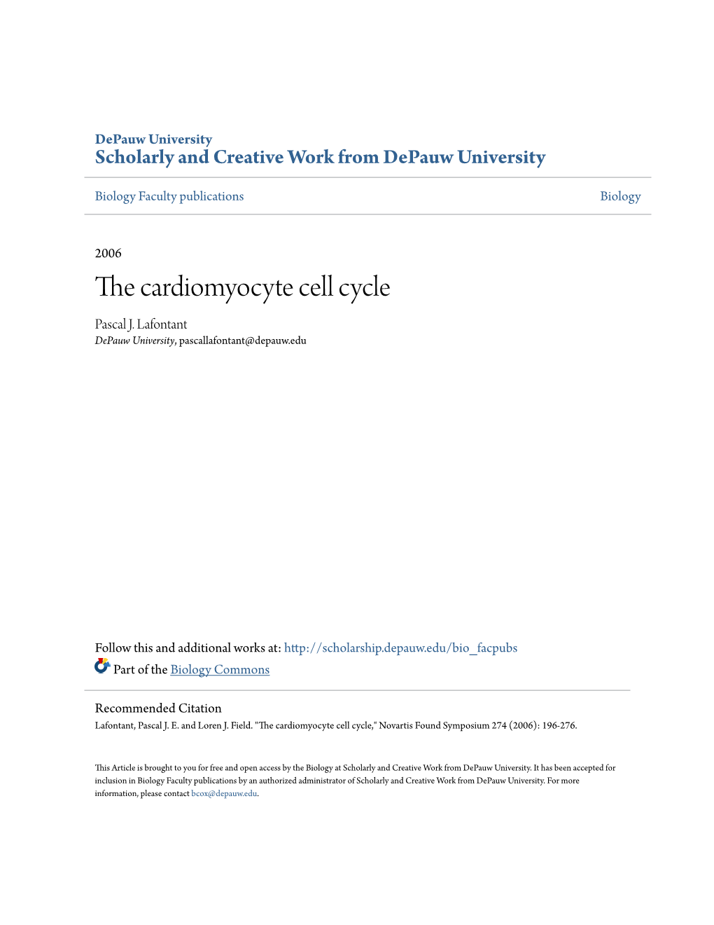 The Cardiomyocyte Cell Cycle," Novartis Found Symposium 274 (2006): 196-276