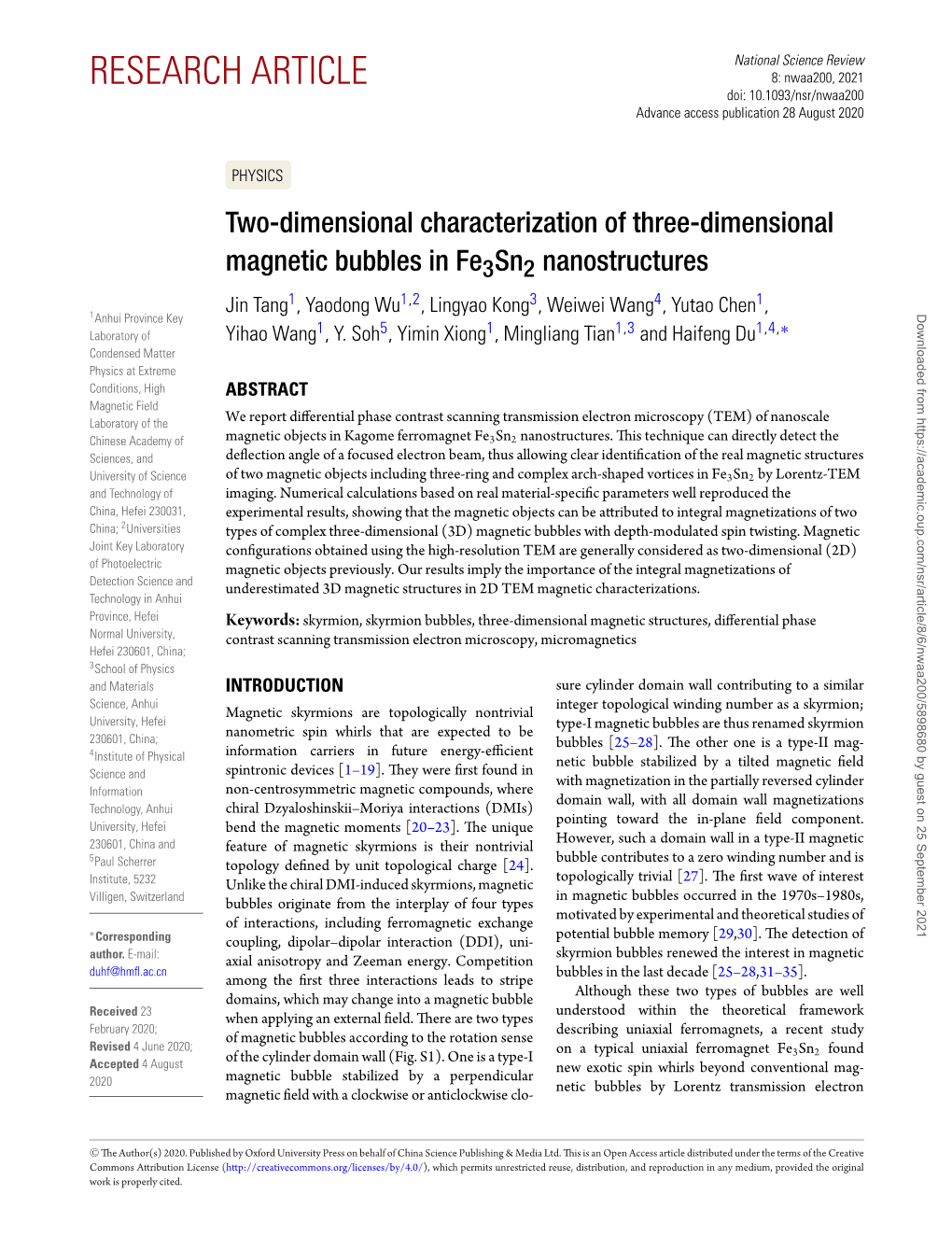 Two-Dimensional Characterization of Three-Dimensional Magnetic Bubbles in Fe3sn2 Nanostructures 1 1,2 3 4 1