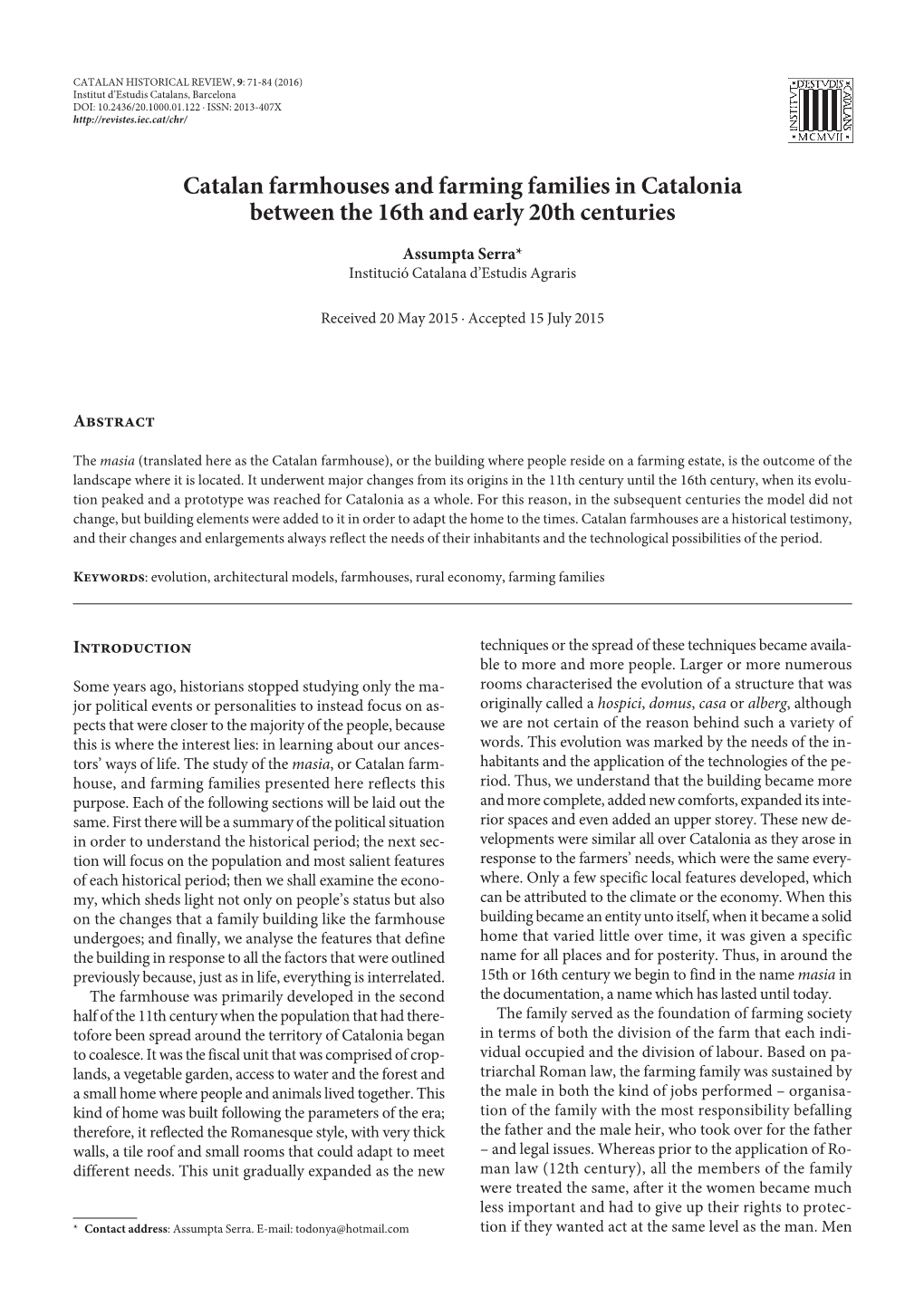 Catalan Farmhouses and Farming Families in Catalonia Between the 16Th and Early 20Th Centuries