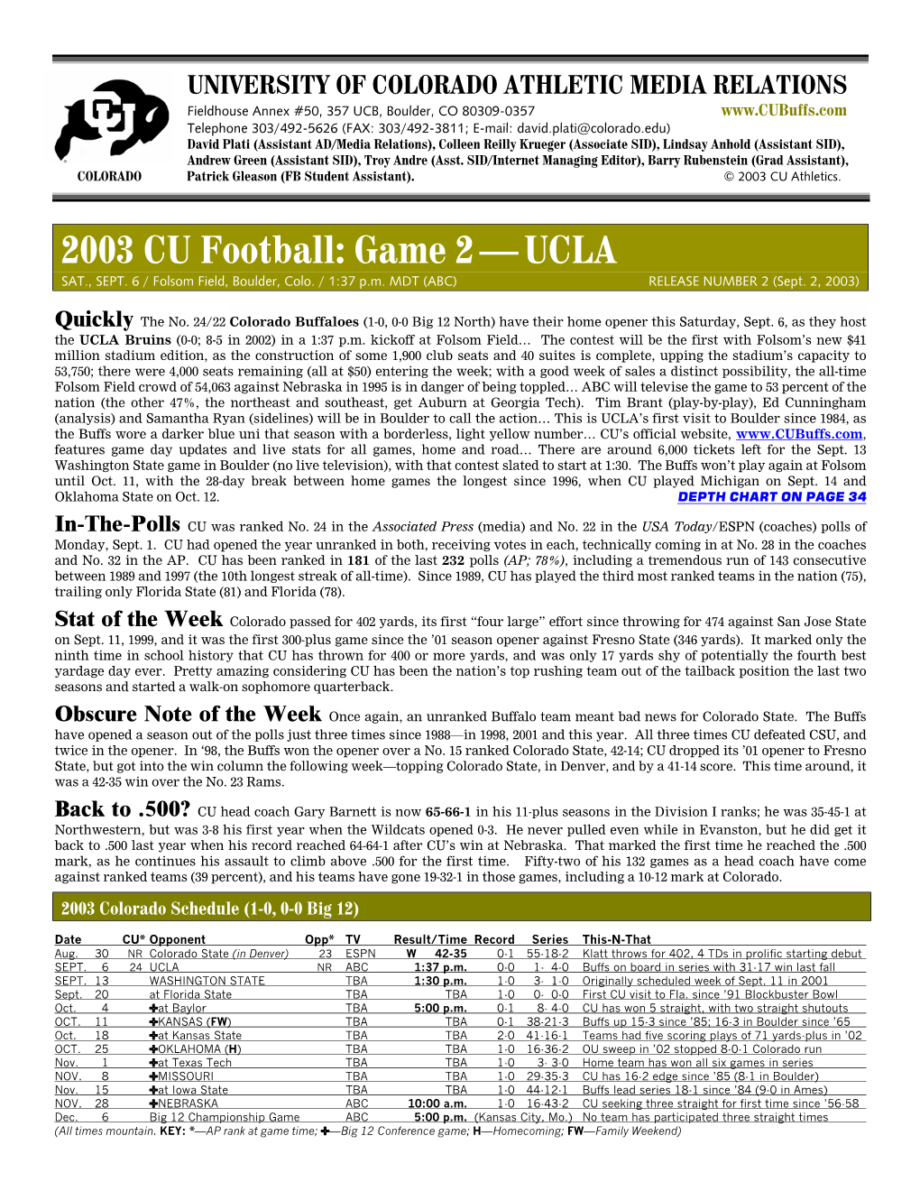 2003 CU Football: Game 2 — UCLA SAT., SEPT