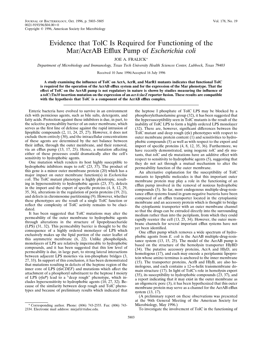 Evidence That Tolc Is Required for Functioning of the Mar/Acrab Efffux