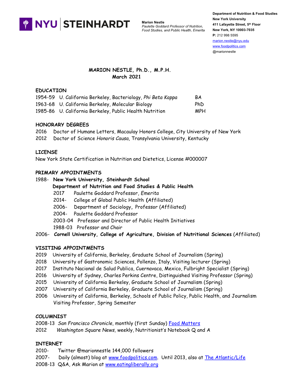 MARION NESTLE, Ph.D., M.P.H. March 2021 EDUCATION 1954-59