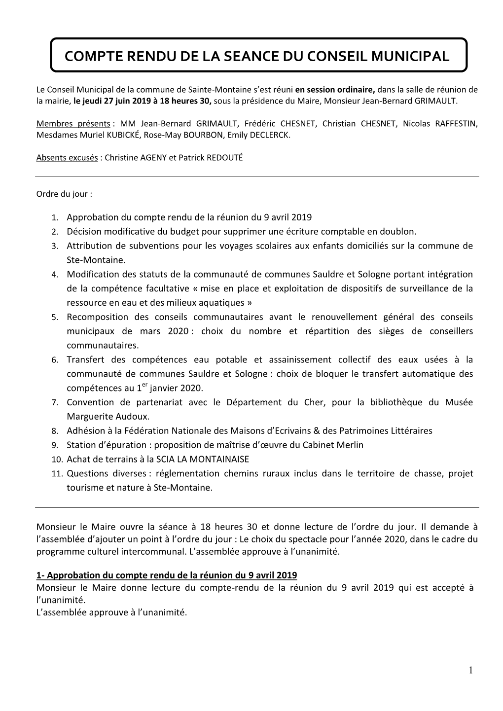 Compte Rendu De La Seance Du Conseil Municipal