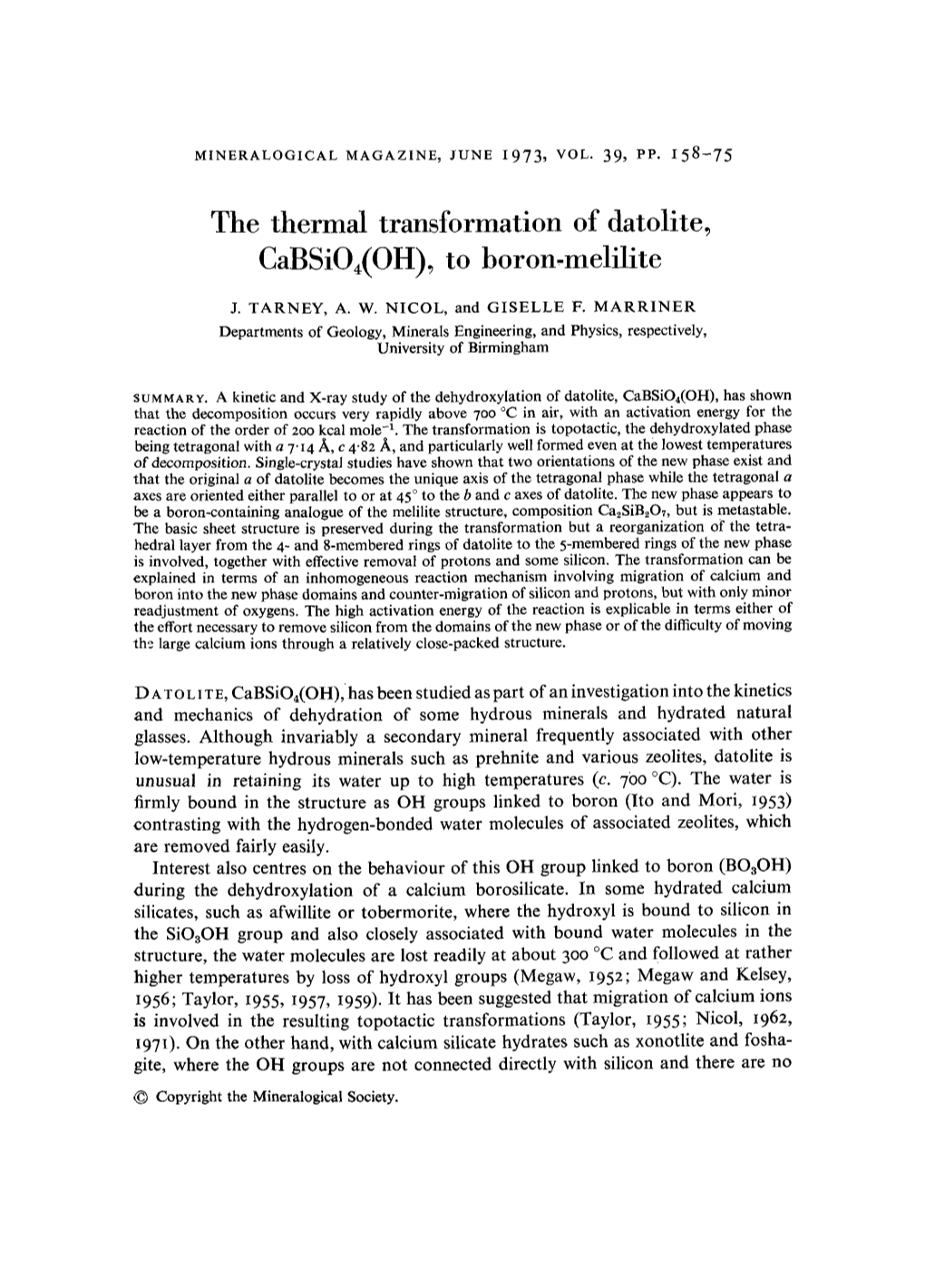 The Thermal Transformation of Datolite, Cabsio4(OH), to Boron.Melilite