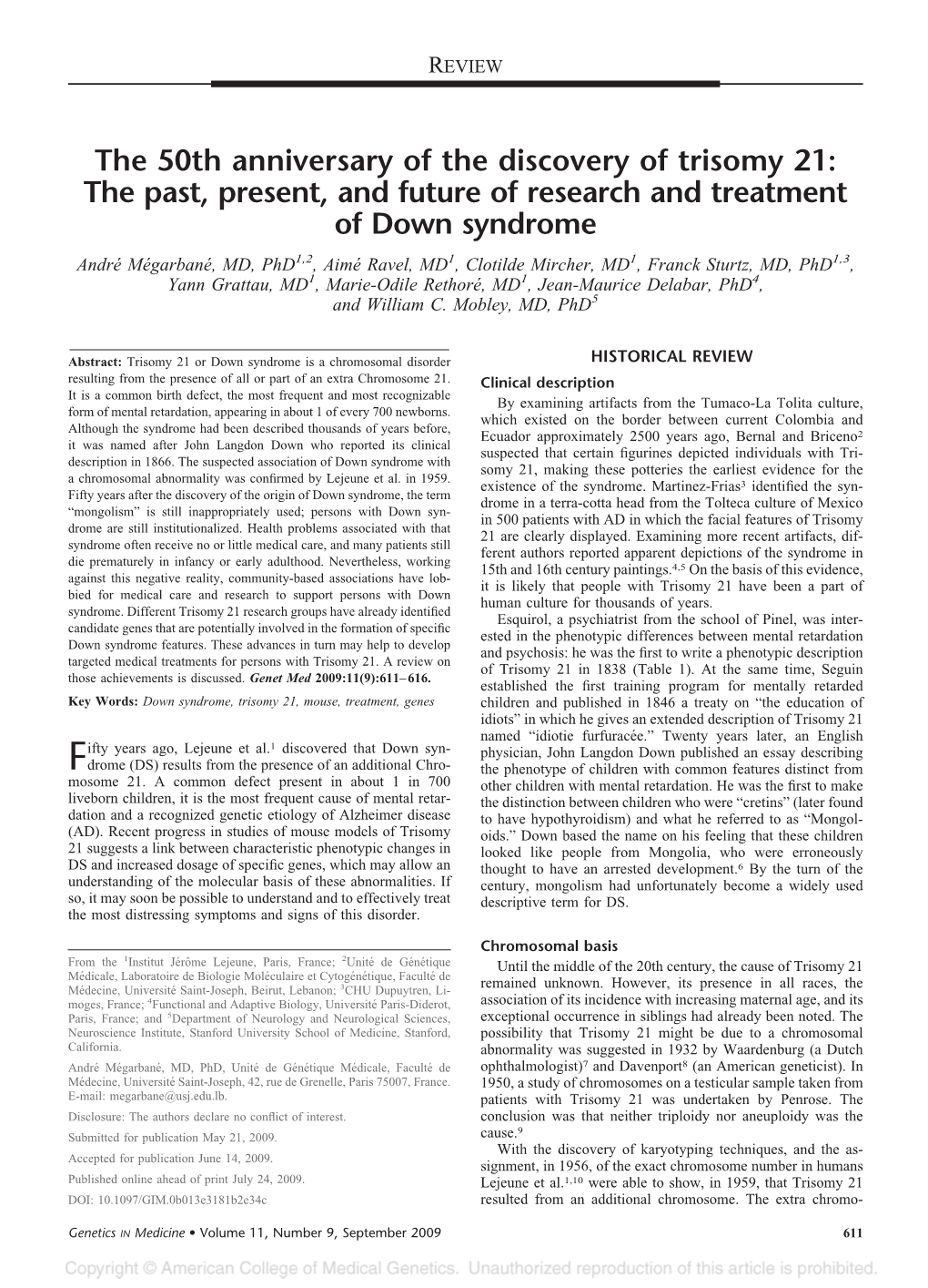 The 50Th Anniversary of the Discovery of Trisomy 21: the Past, Present, and Future of Research and Treatment of Down Syndrome