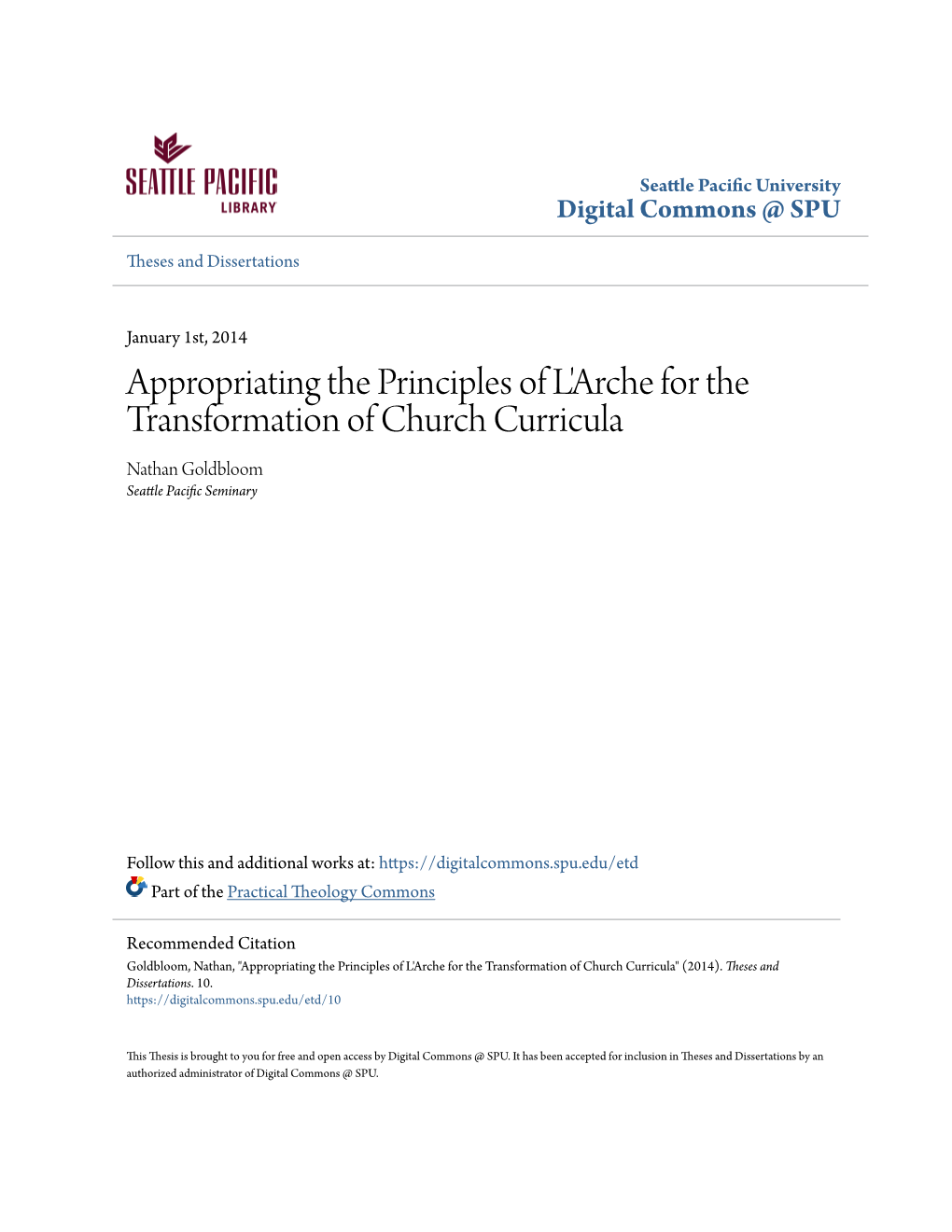 Appropriating the Principles of L'arche for the Transformation of Church Curricula Nathan Goldbloom Seattle Pacific Seminary