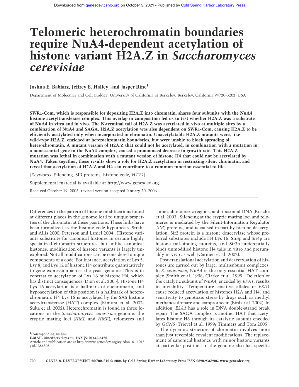 Telomeric Heterochromatin Boundaries Require Nua4-Dependent Acetylation of Histone Variant H2A.Z in Saccharomyces Cerevisiae