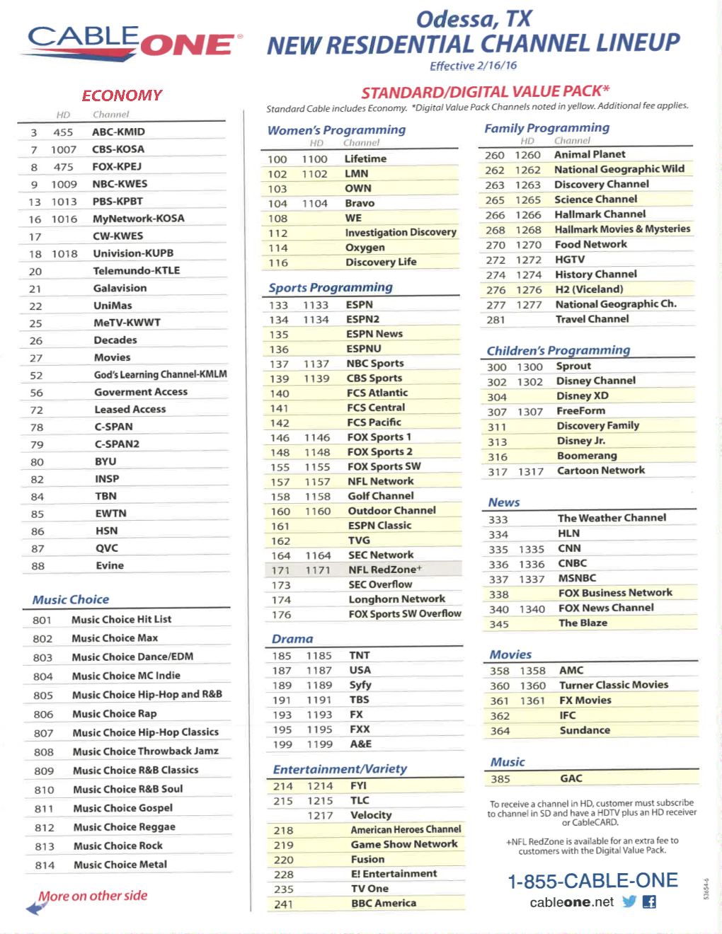 Ofve' NEW RESIDENTIALCHANNEL LINEUP Effective 2/1 6/16