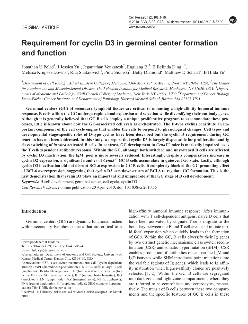 Requirement for Cyclin D3 in Germinal Center Formation and Function