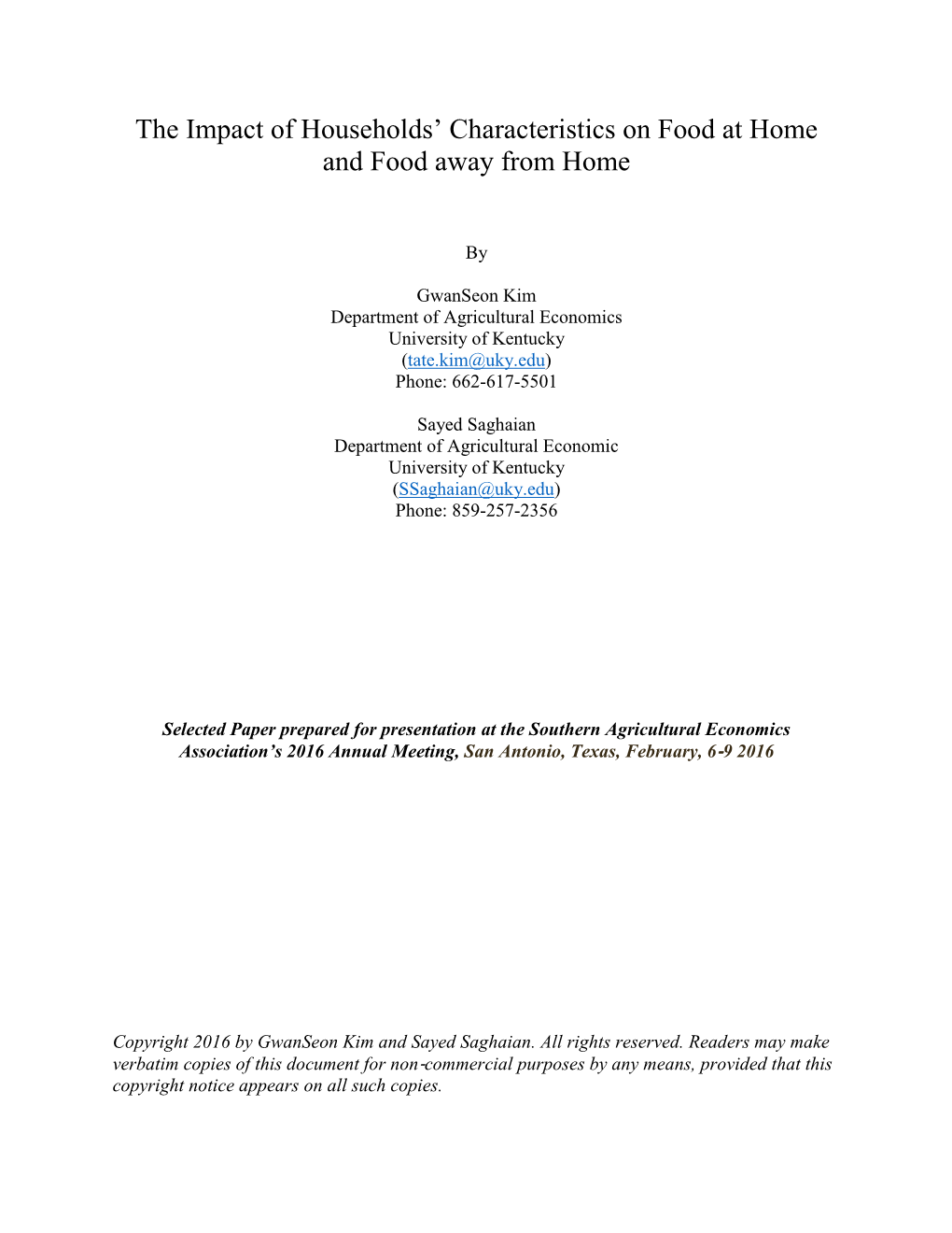 The Impact of Households' Characteristics on Food at Home