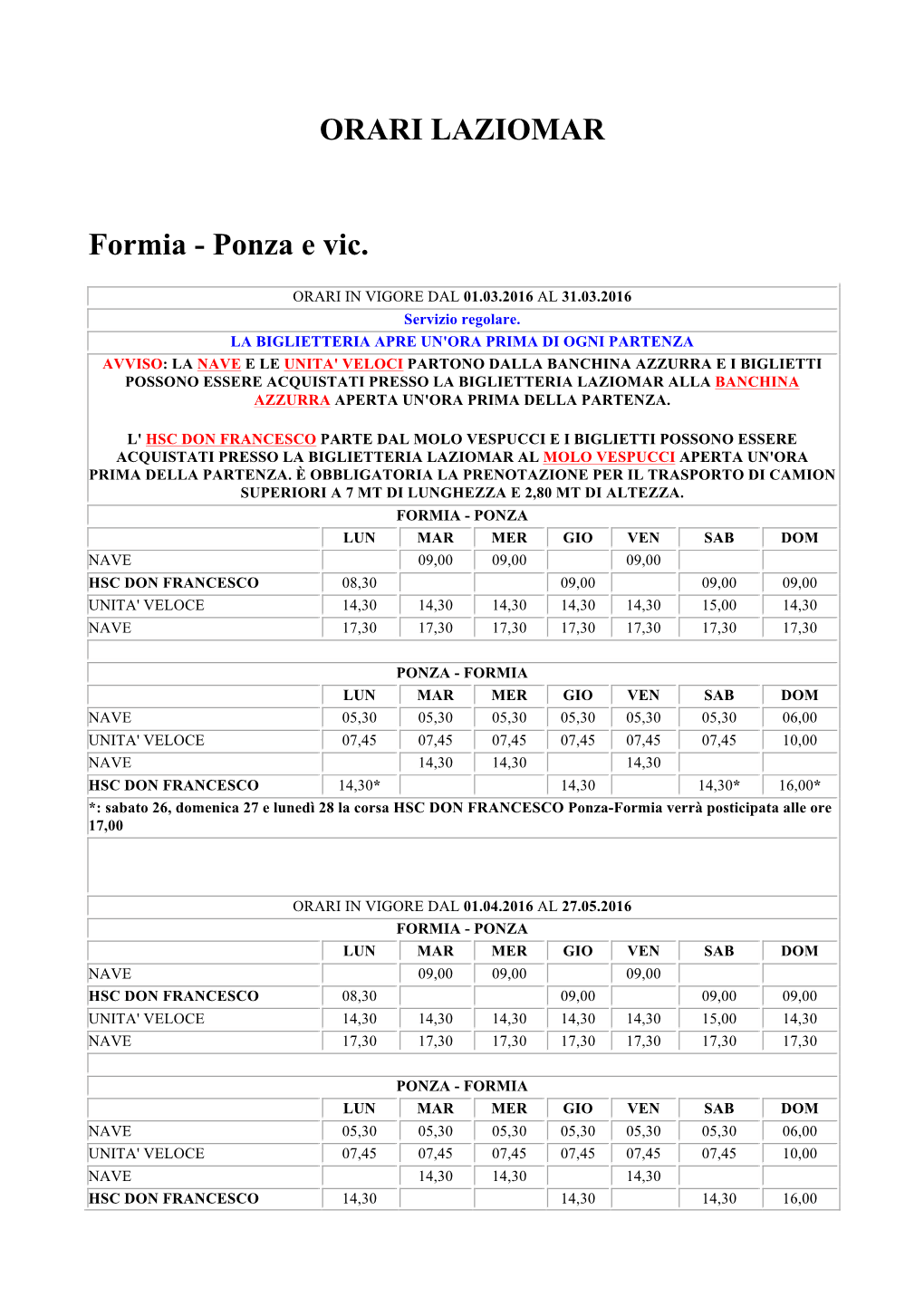 Orari Laziomar. Da E Per Formia, Ponza Ventotene E Terracina