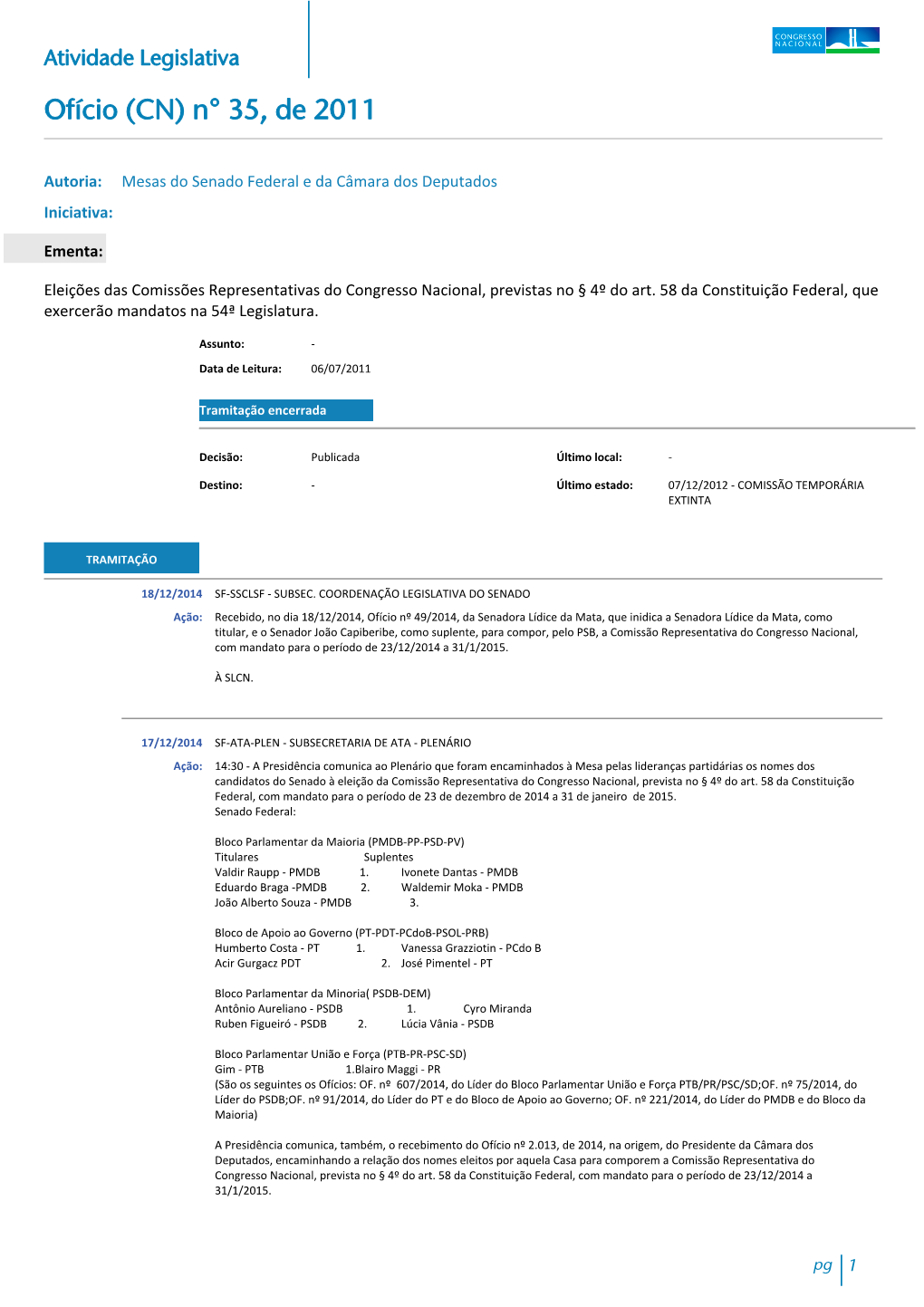 Atividade Legislativa Ofício (CN) N° 35, De 2011