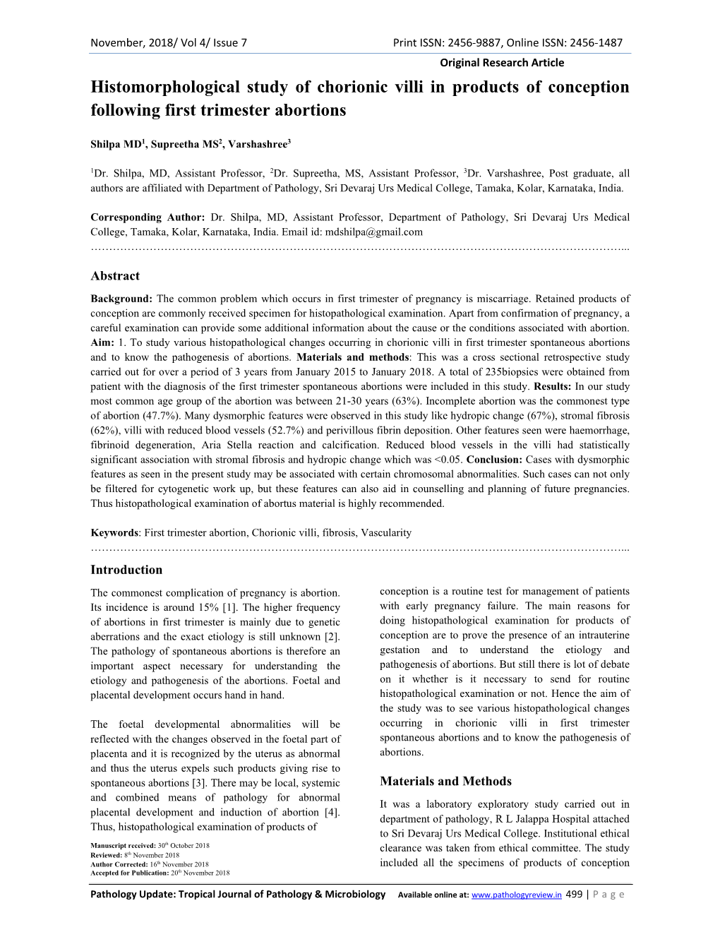 Histomorphological Study of Chorionic Villi in Products of Conception Following First Trimester Abortions