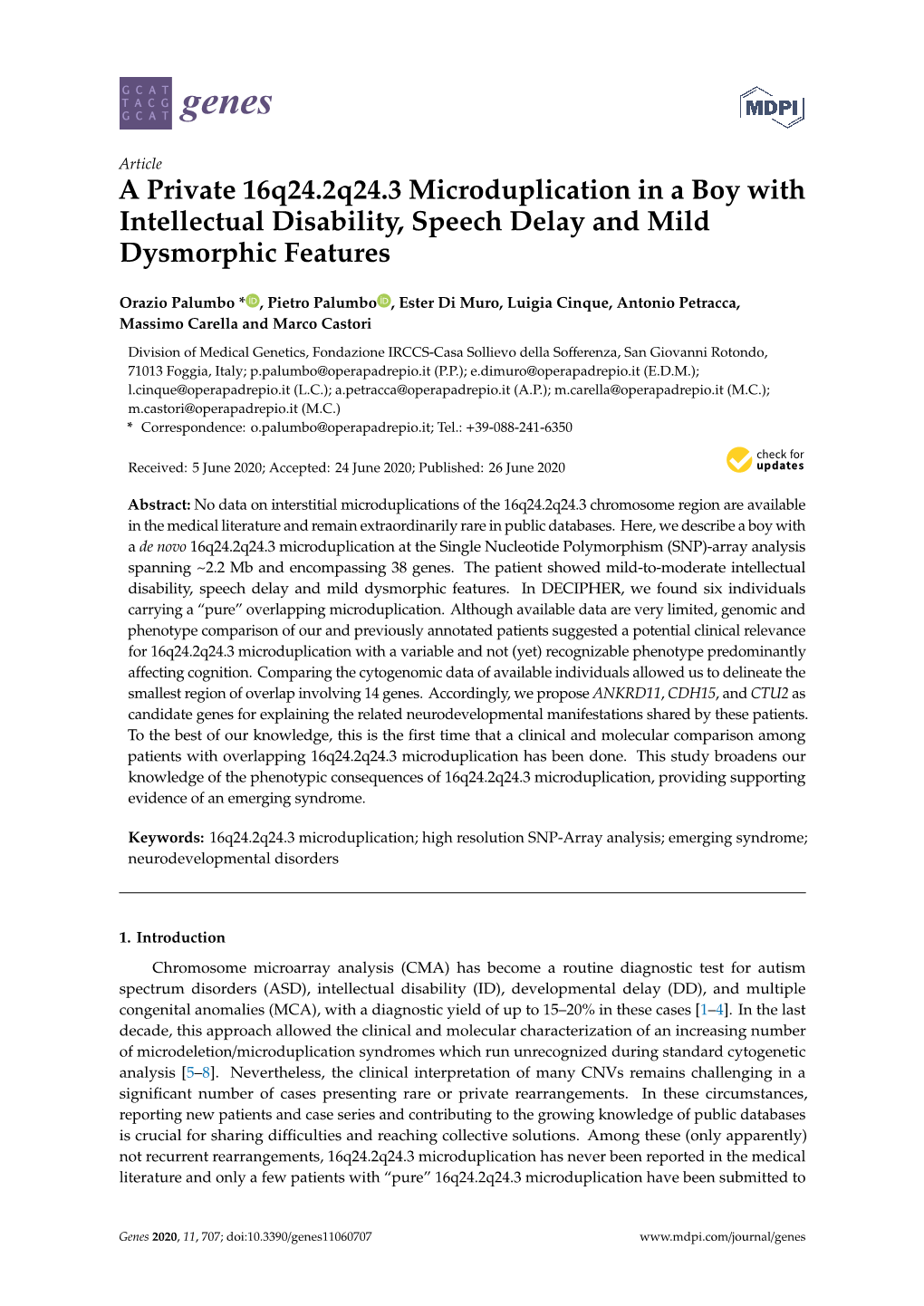 A Private 16Q24.2Q24.3 Microduplication in a Boy with Intellectual Disability, Speech Delay and Mild Dysmorphic Features