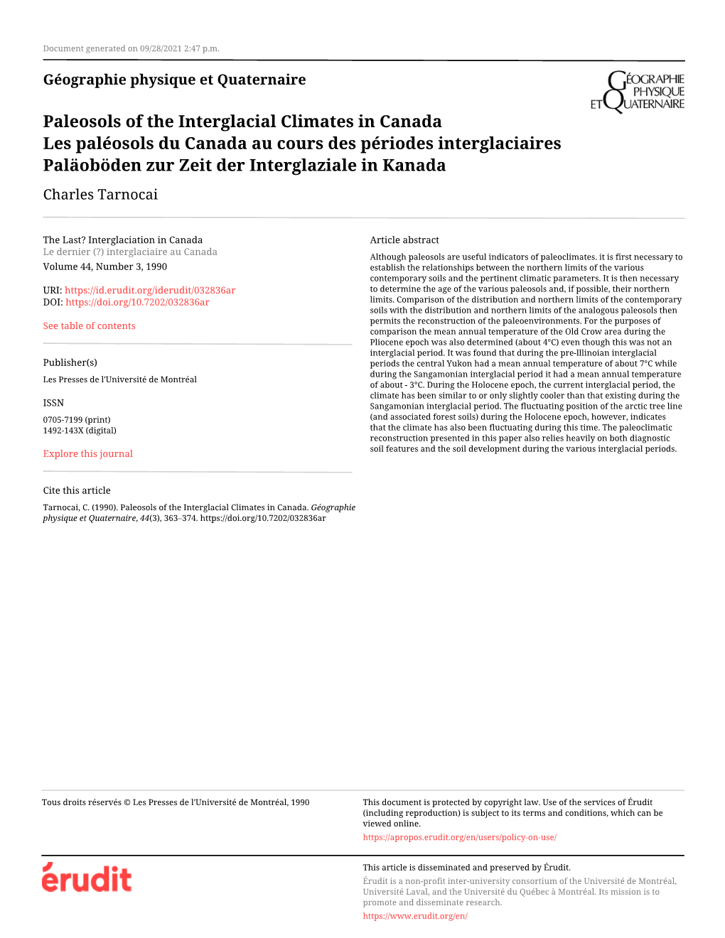 Paleosols of the Interglacial Climates in Canada