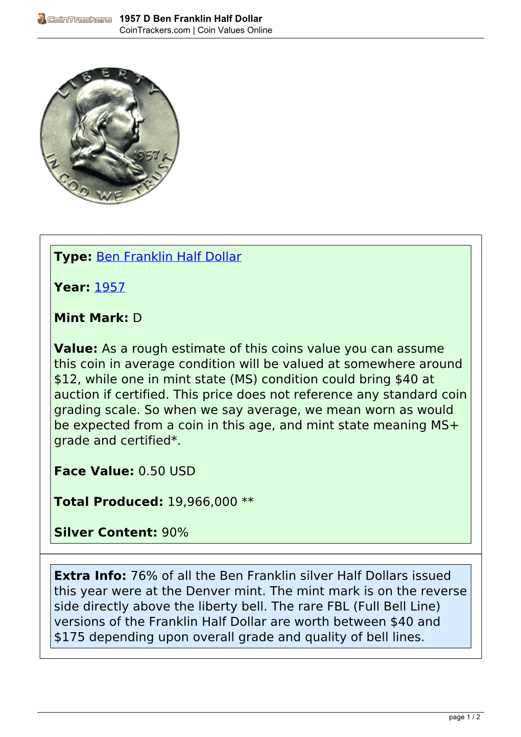 1957 D Ben Franklin Half Dollar Cointrackers.Com | Coin Values Online