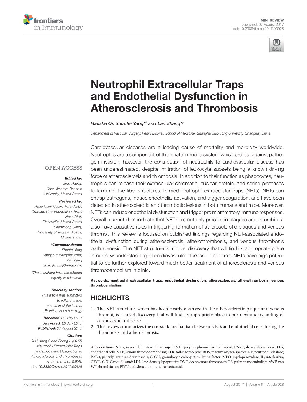 Neutrophil Extracellular Traps and Endothelial Dysfunction in Atherosclerosis and Thrombosis