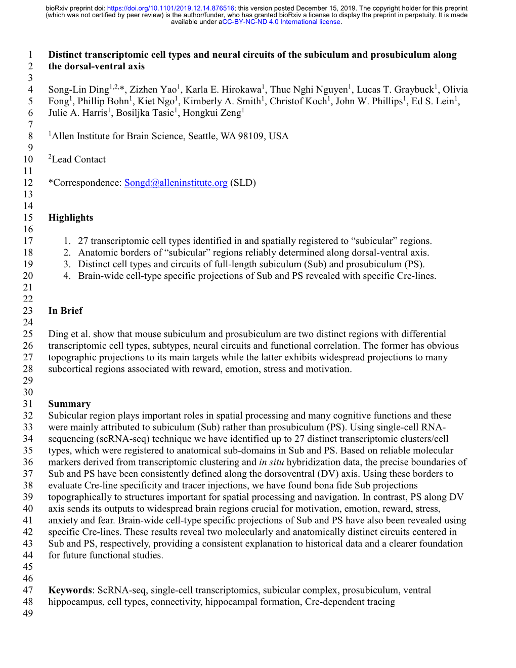 Distinct Transcriptomic Cell Types and Neural Circuits of the Subiculum and Prosubiculum Along 2 the Dorsal-Ventral Axis 3 4 Song-Lin Ding1,2,*, Zizhen Yao1, Karla E