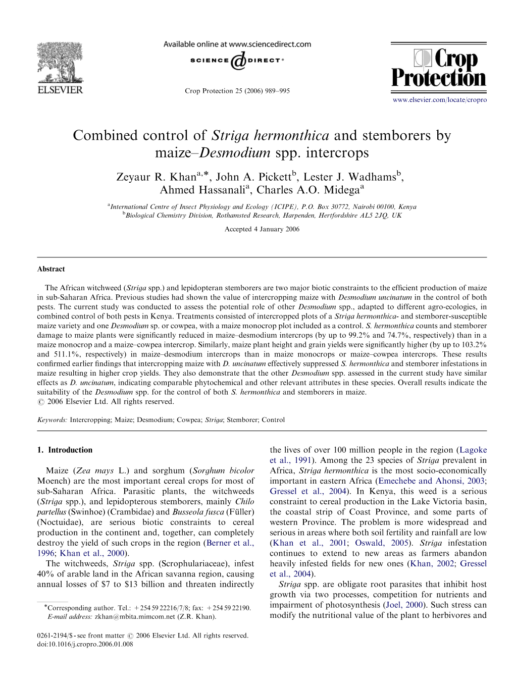 Combined Control of Striga Hermonthica and Stemborers by Maize–Desmodium Spp