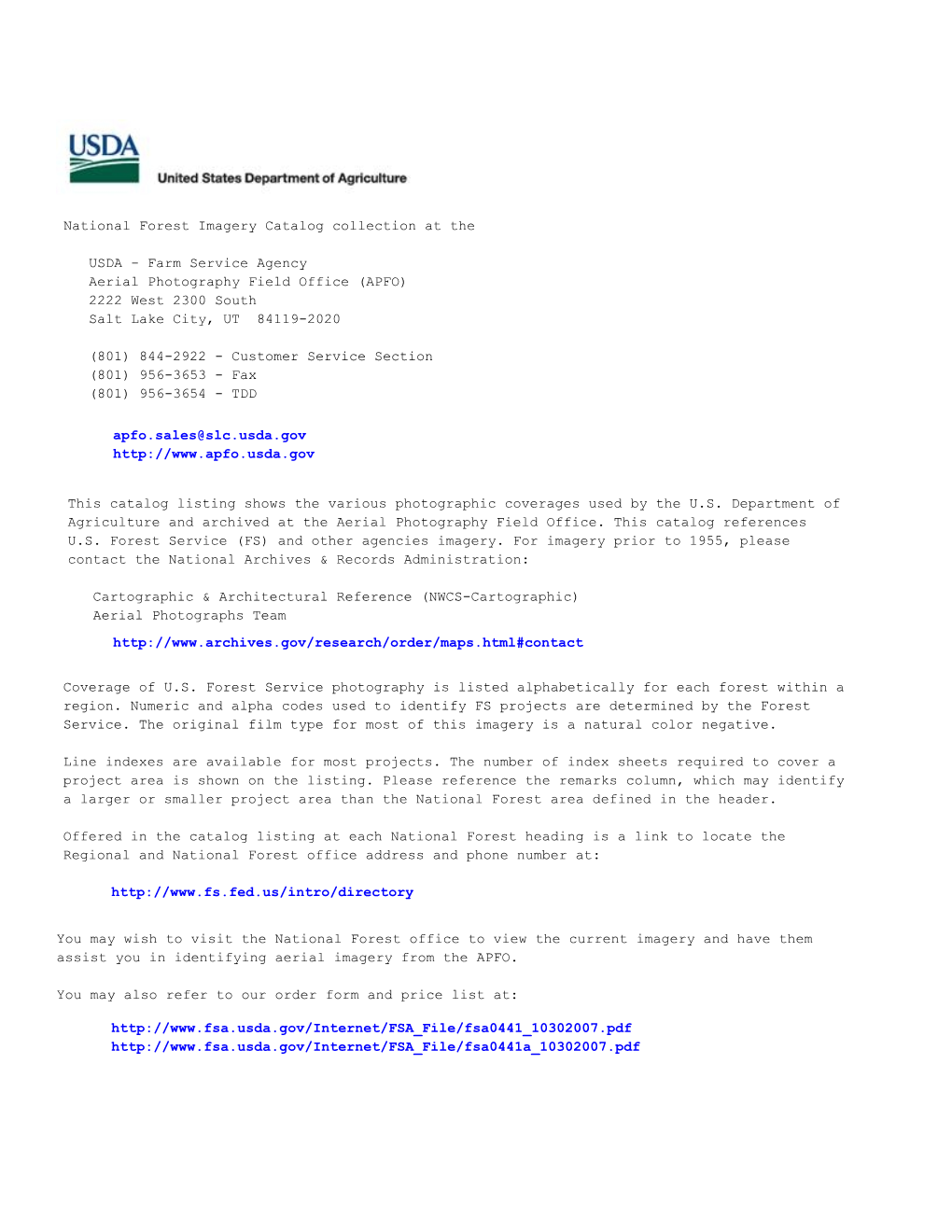 National Forest Imagery Catalog Collection at the USDA