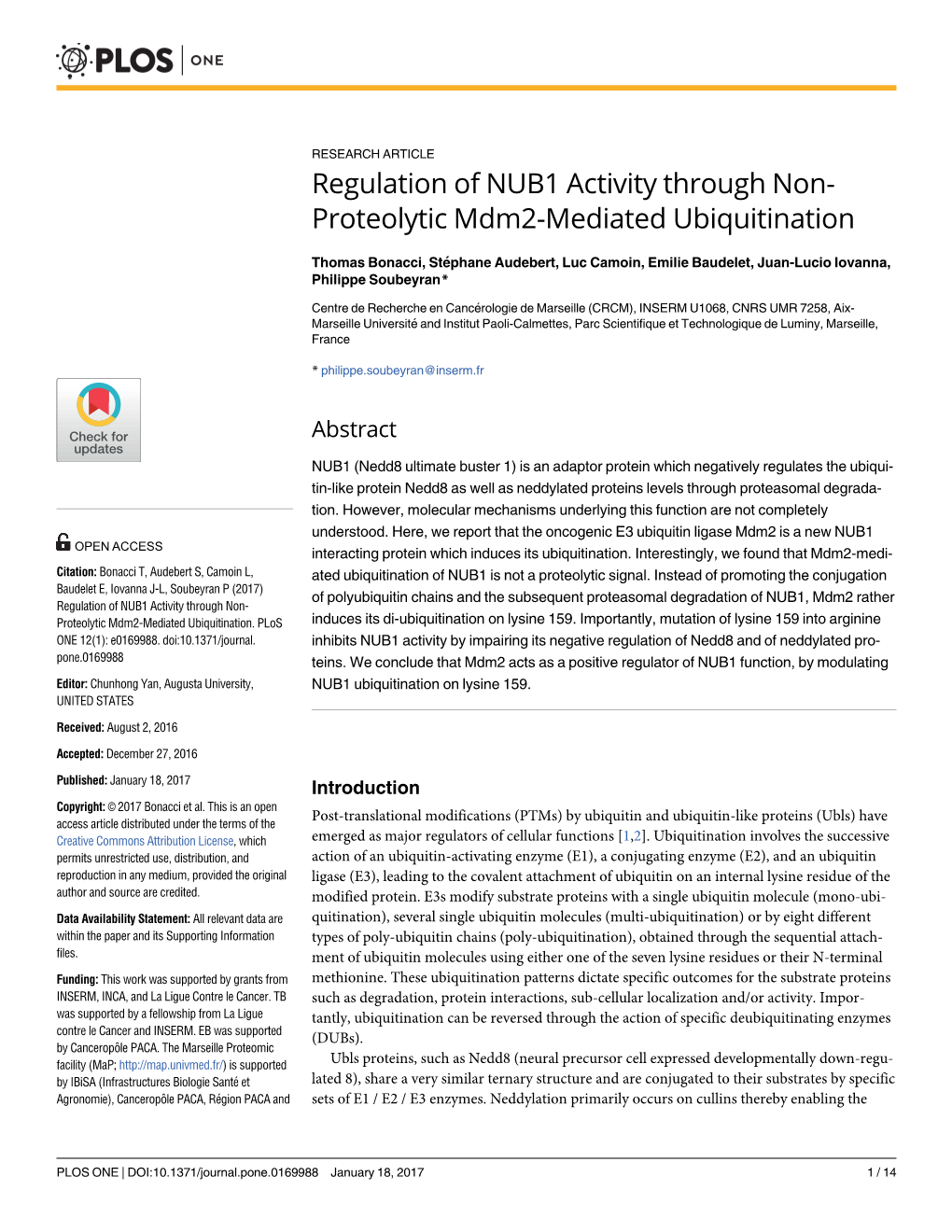 Regulation of NUB1 Activity Through Non-Proteolytic Mdm2-Mediated Ubiquitination