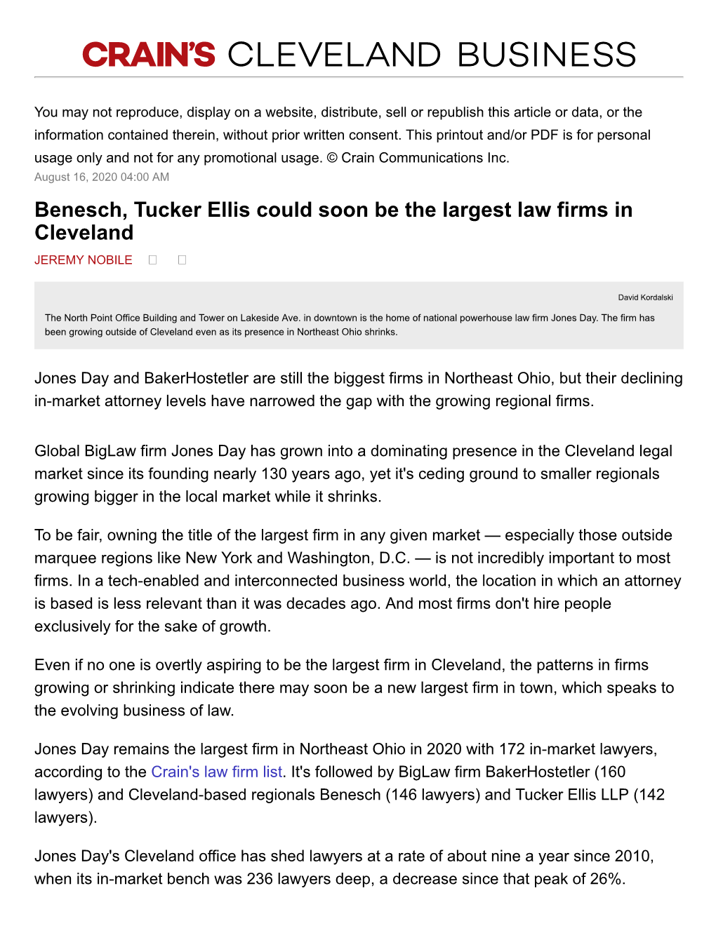 Benesch, Tucker Ellis Could Soon Be the Largest Law Firms in Cleveland JEREMY NOBILE � 