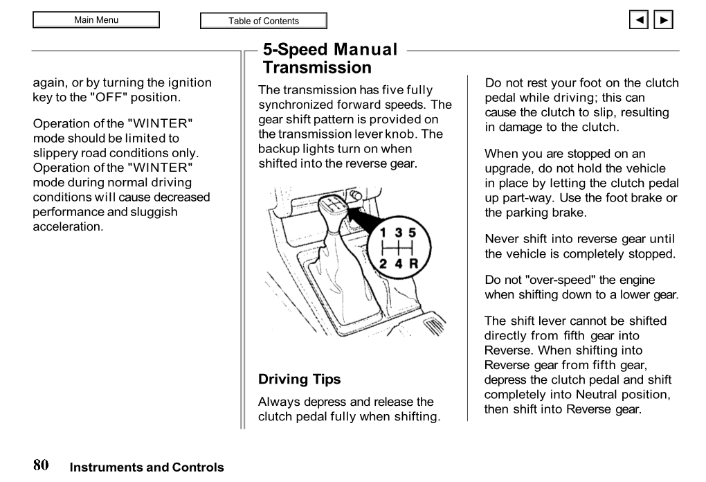 5-Speed Manual Transmission Again, Or by Turning the Ignition Do Not Rest Your Foot on the Clutch the Transmission Has Five Fully Key to the 