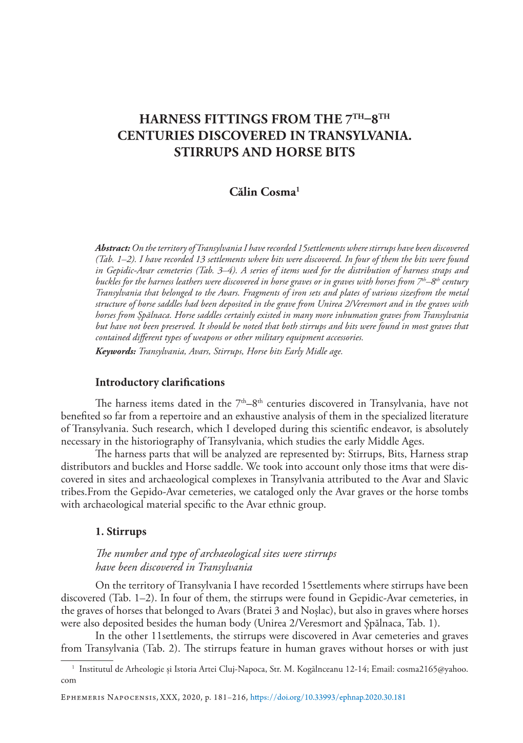 Harness Fittings from the 7Th–8Th Centuries Discovered in Transylvania