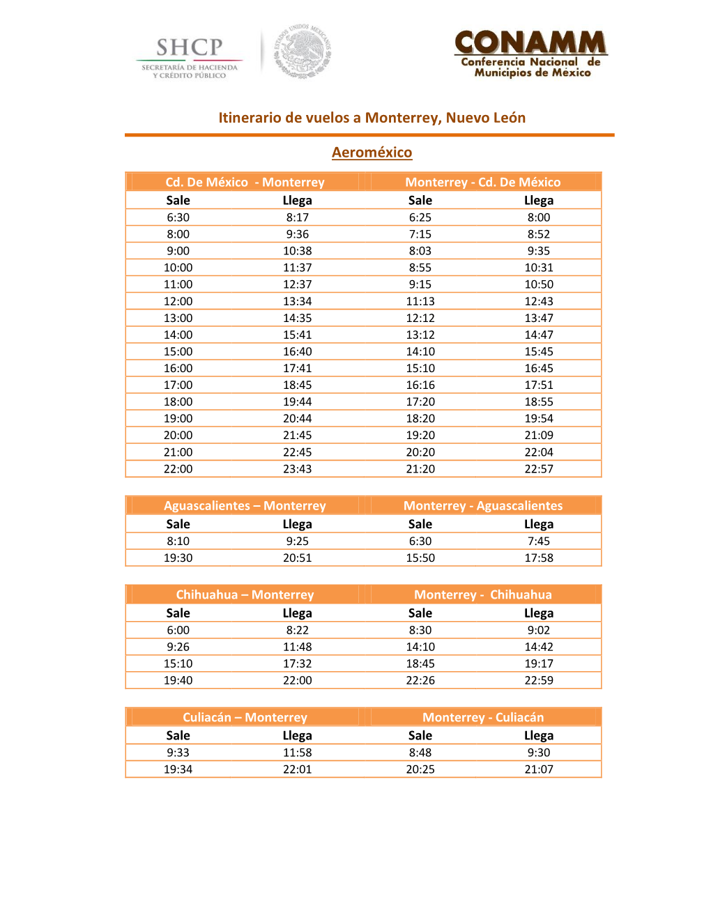 Itinerario De Vuelos a Monterrey, Nuevo León Aeroméxico