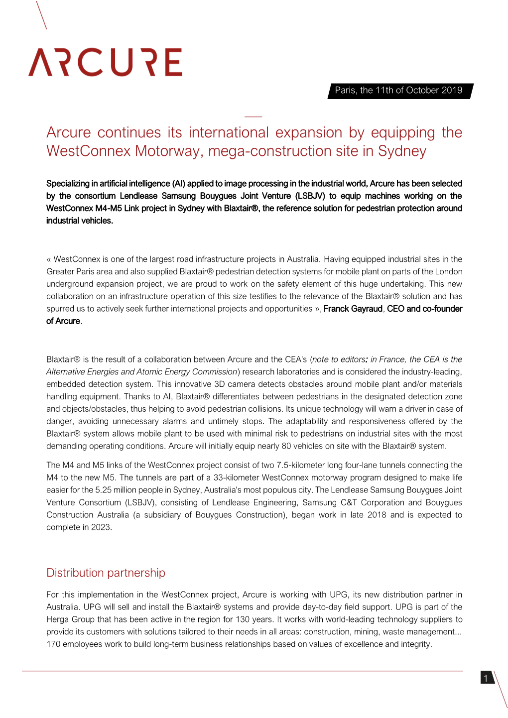 Arcure Continues Its International Expansion by Equipping the Westconnex Motorway, Mega-Construction Site in Sydney