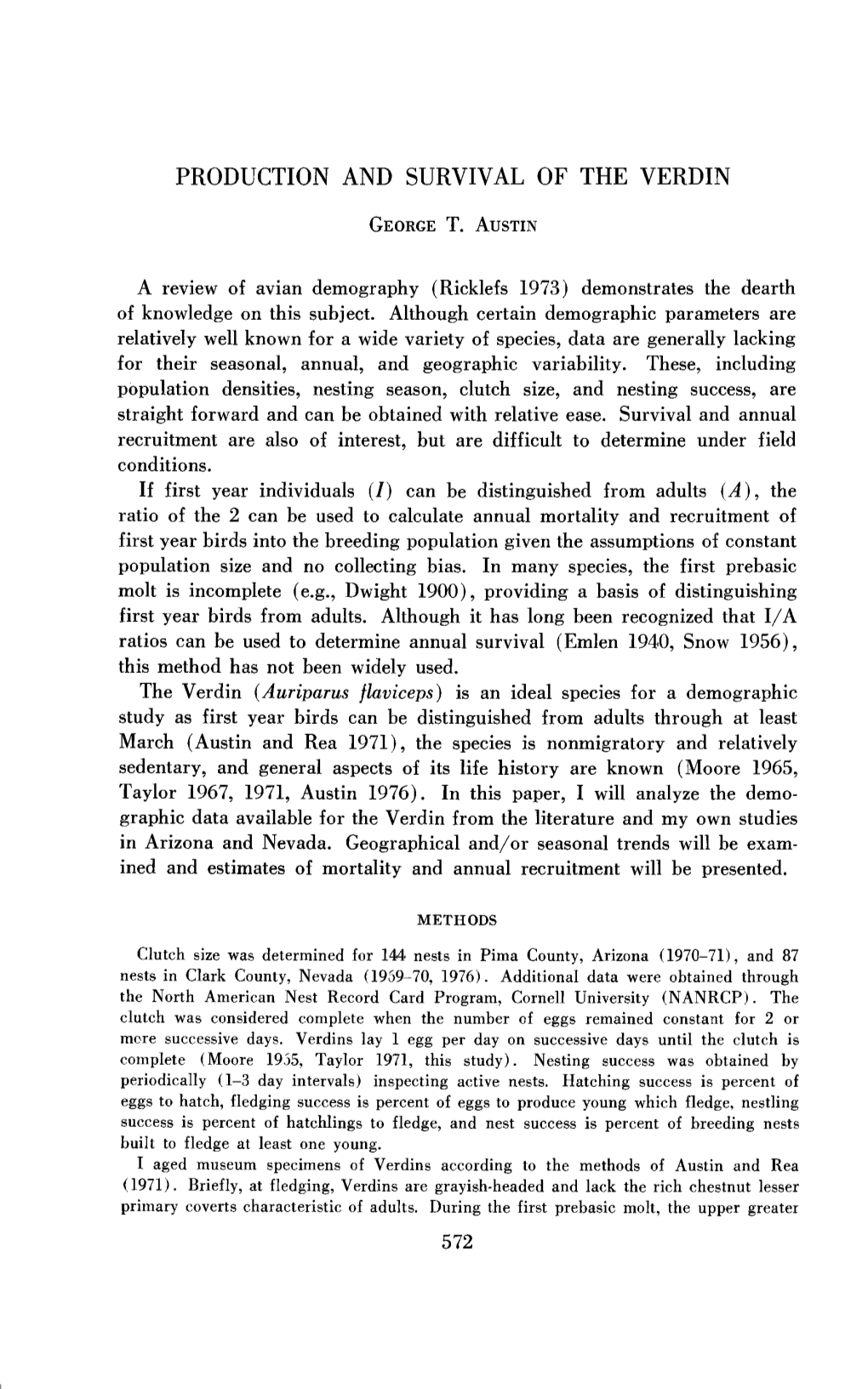 Production and Survival of the Verdin