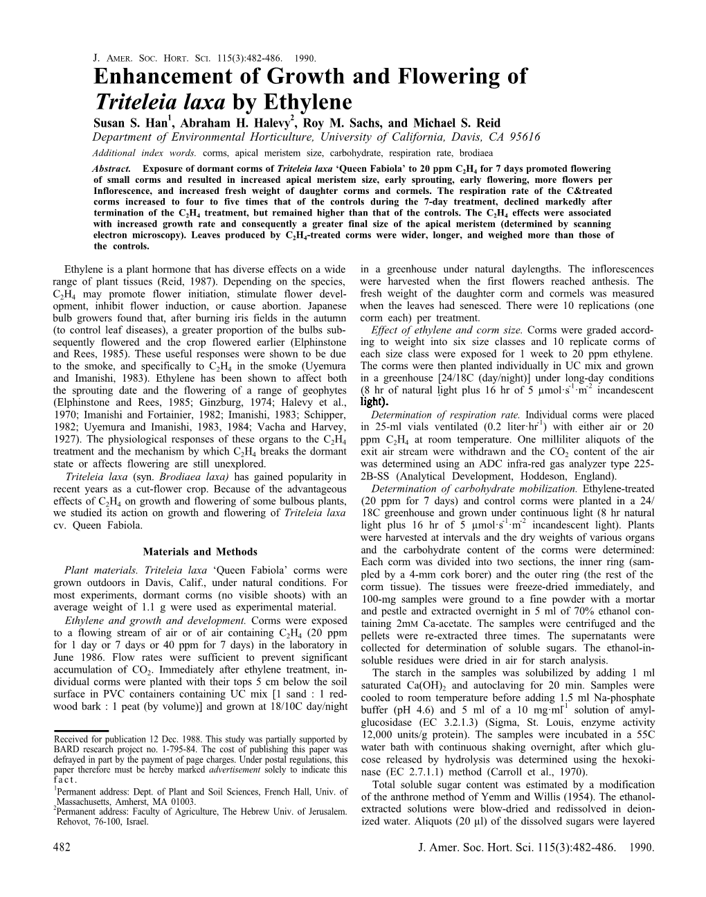 Enhancement of Growth and Flowering of Triteleia Laxa by Ethylene Susan S