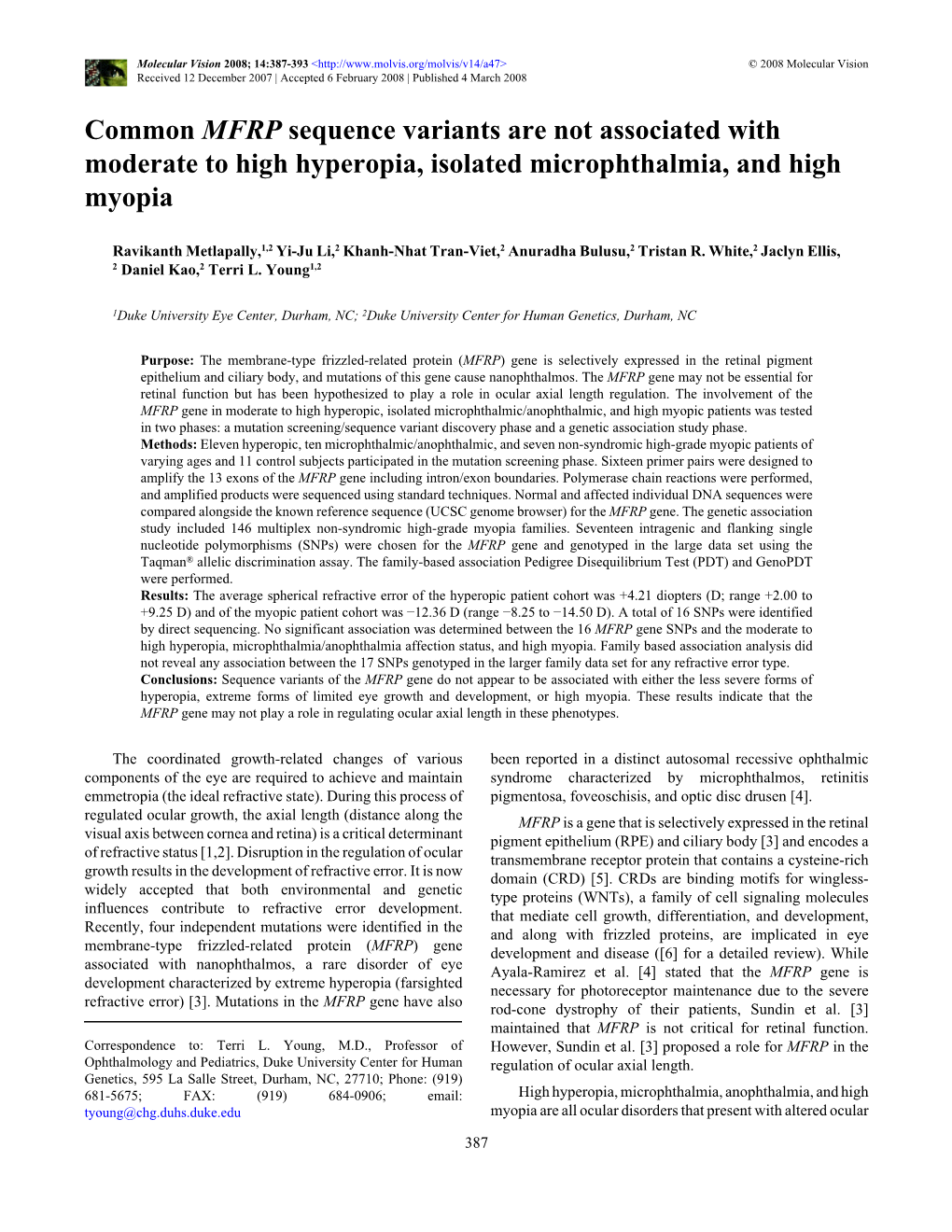 Common MFRP Sequence Variants Are Not Associated with Moderate to High Hyperopia, Isolated Microphthalmia, and High Myopia