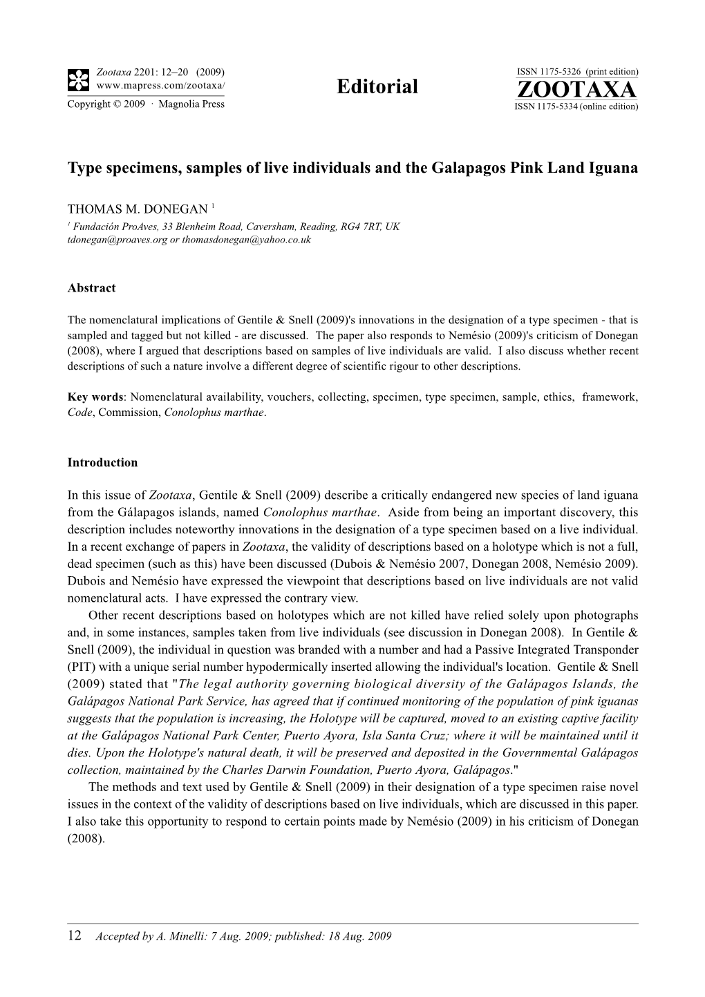 Zootaxa, Type Specimens, Samples of Live Individuals and the Galapagos