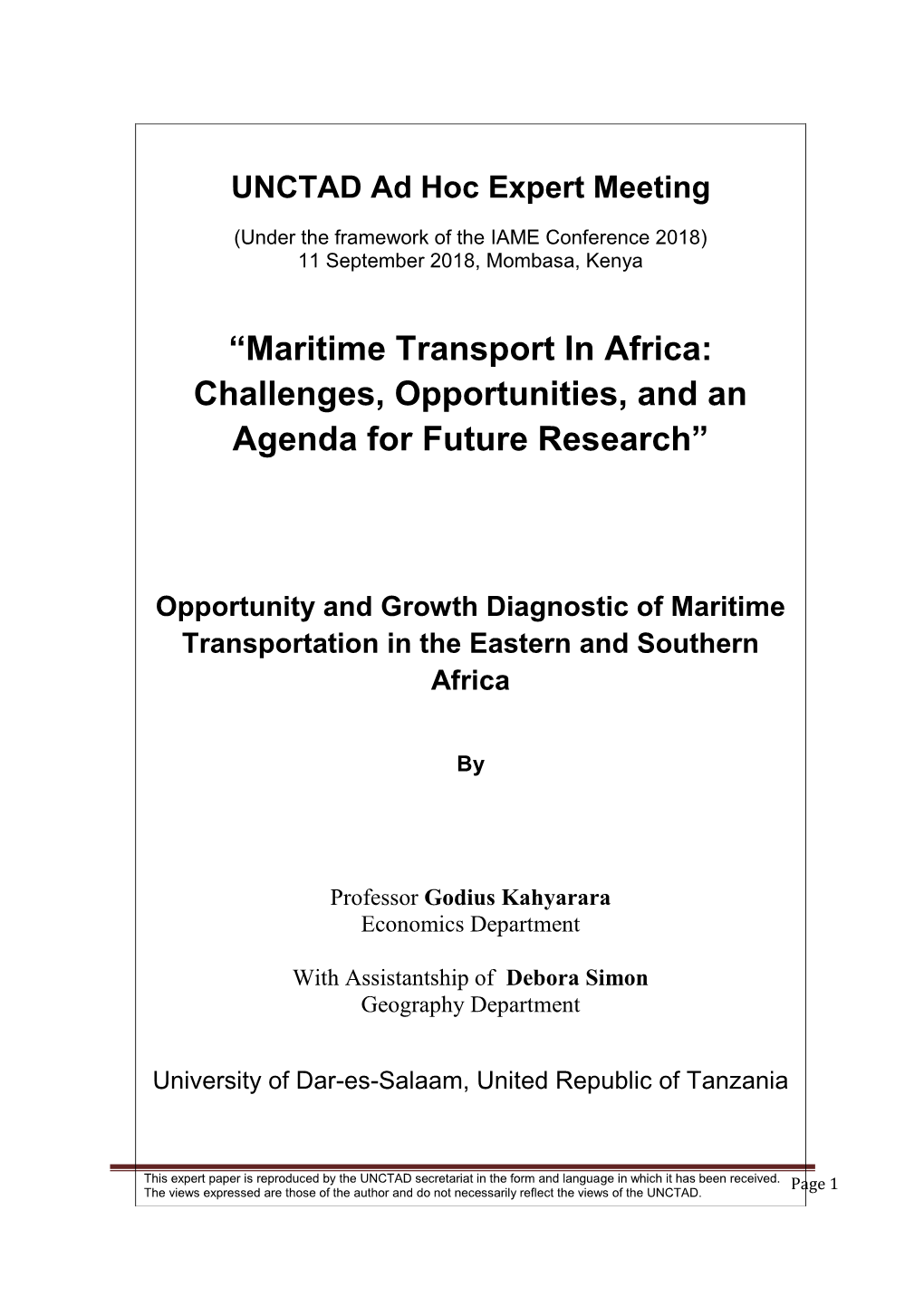 “Maritime Transport in Africa: Challenges, Opportunities, and an Agenda for Future Research”