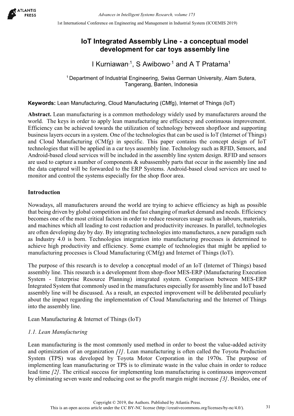 Iot Integrated Assembly Line - a Conceptual Model Development for Car Toys Assembly Line