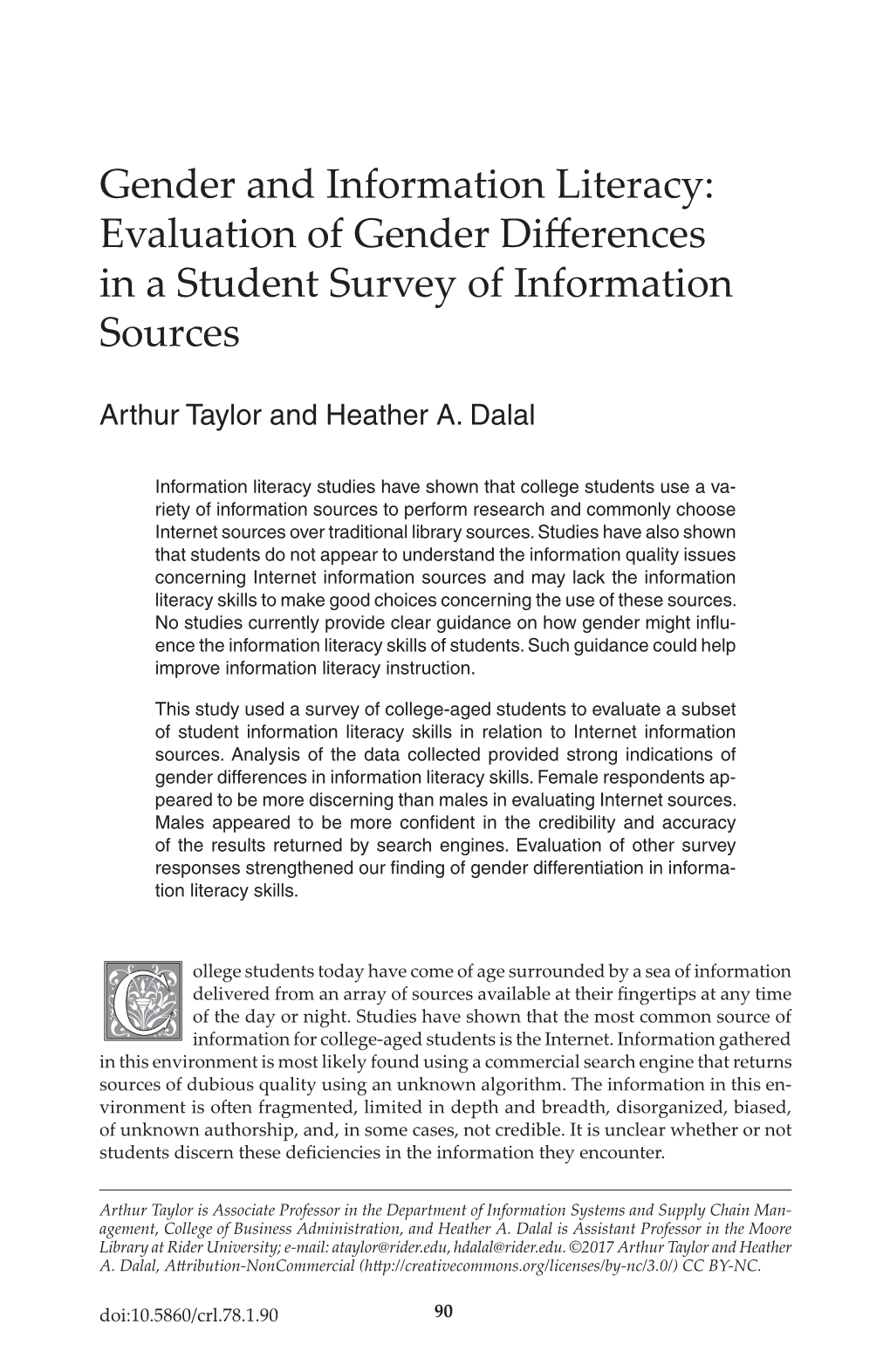 Gender and Information Literacy: Evaluation of Gender Differences in a Student Survey of Information Sources