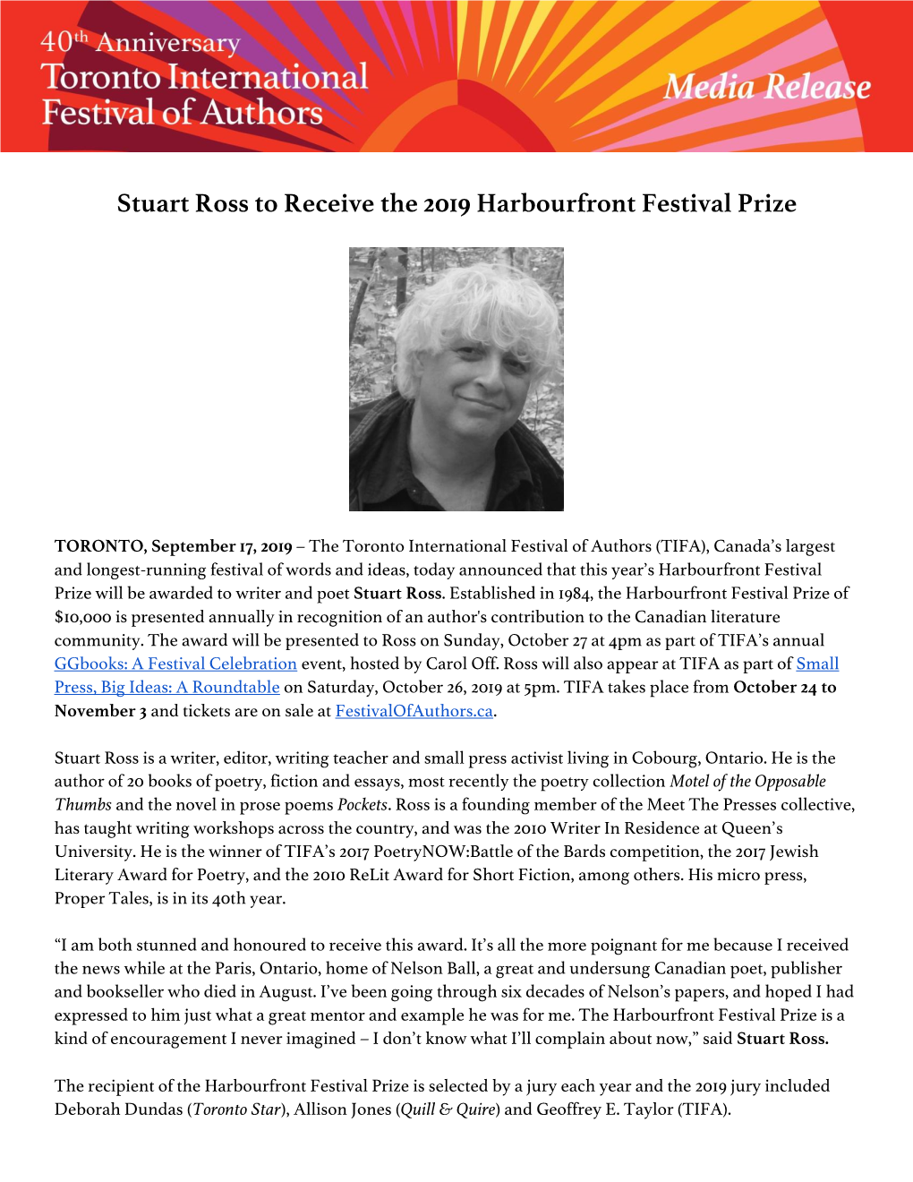 Stuart Ross to Receive the 2019 Harbourfront Festival Prize