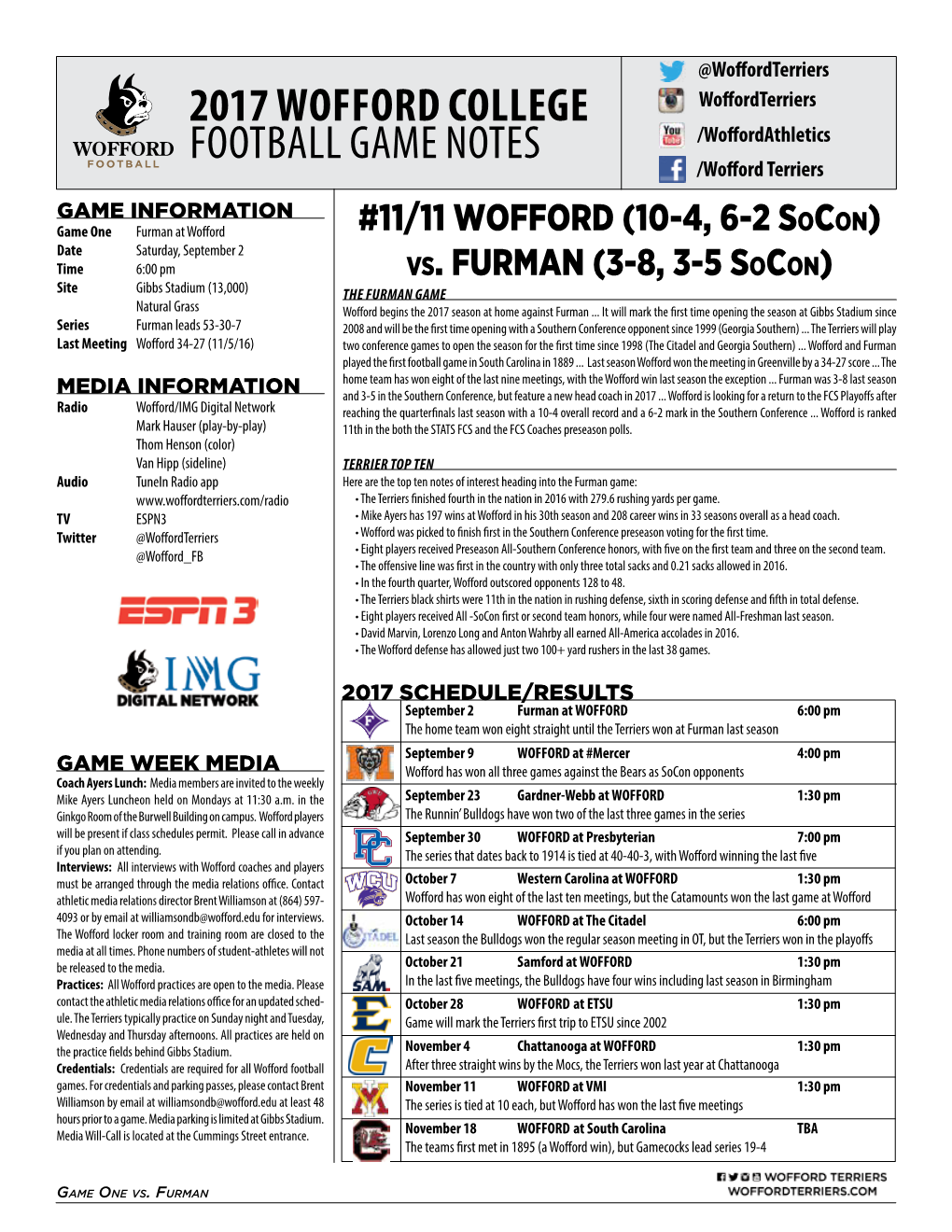 2017 Wofford College Football Game Notes