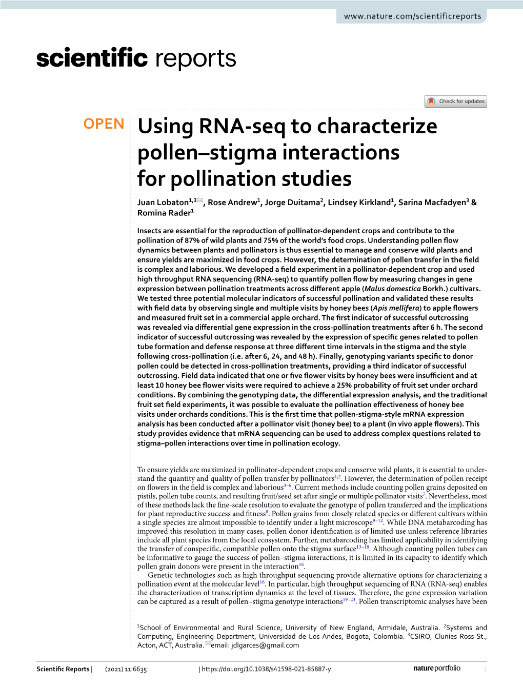 Using RNA-Seq to Characterize Pollen–Stigma Interactions for Pollination