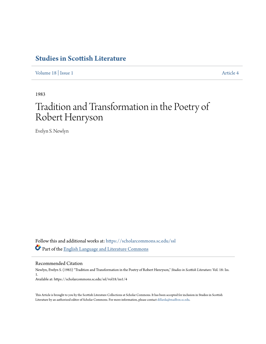 Tradition and Transformation in the Poetry of Robert Henryson Evelyn S