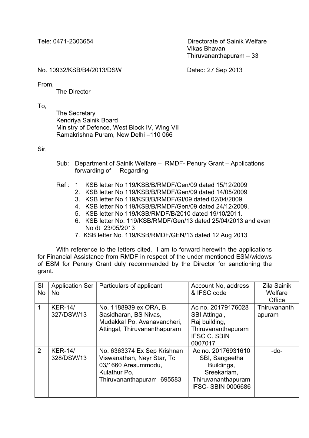 Penury Grant – Applications Forwarding of – Regarding