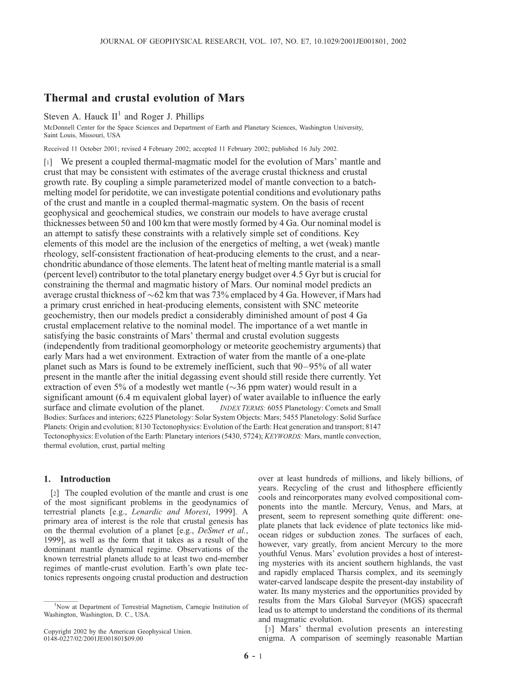 Thermal and Crustal Evolution of Mars Steven A