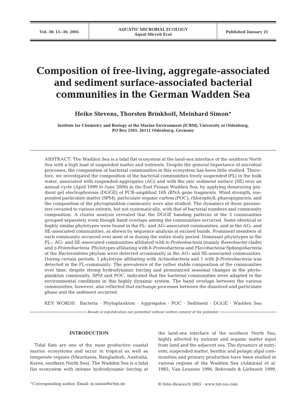 Composition of Free-Living, Aggregate-Associated and Sediment Surface-Associated Bacterial Communities in the German Wadden Sea