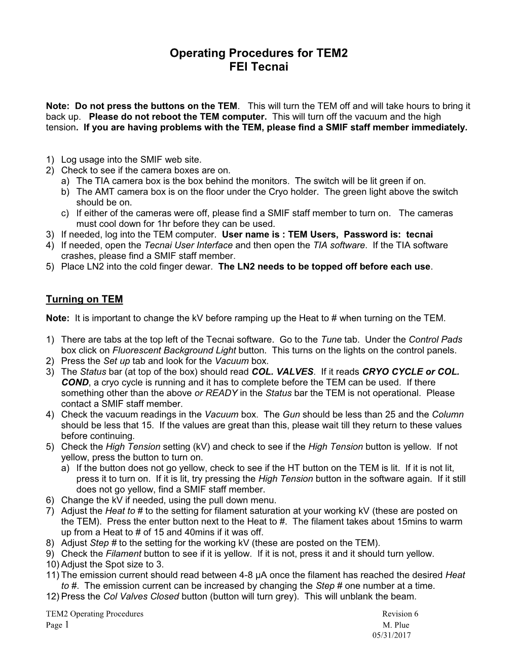 Operating Procedures for TEM2 FEI Tecnai