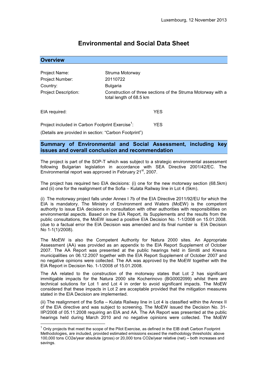 Environmental and Social Data Sheet