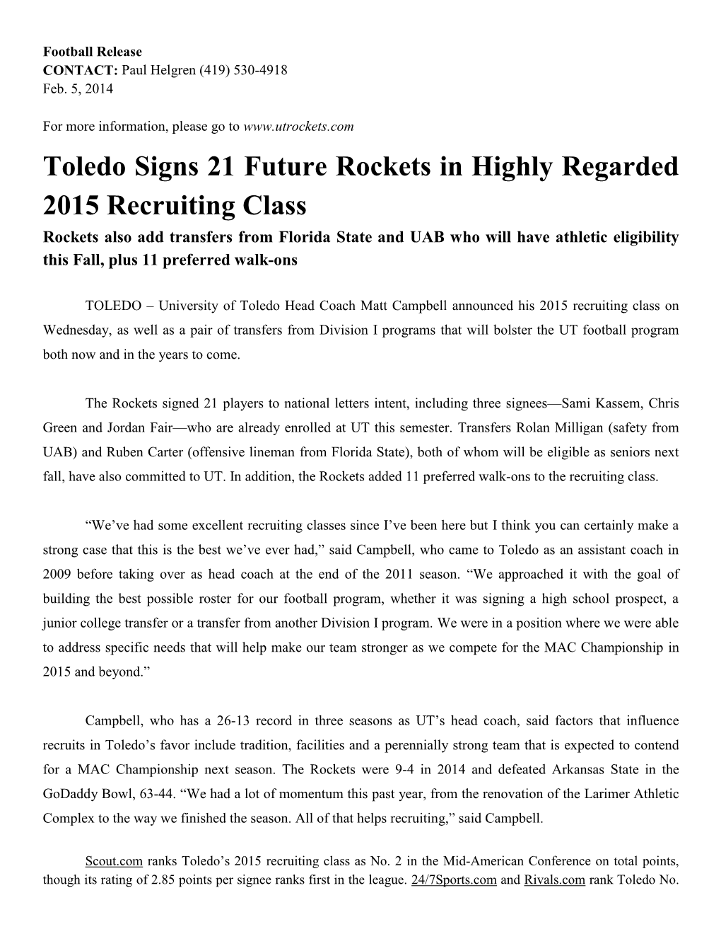 Toledo Signs 21 Future Rockets in Highly Regarded 2015 Recruiting