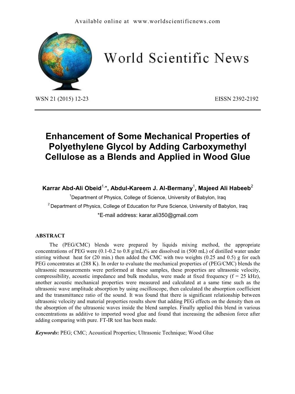 Enhancement of Some Mechanical Properties of Polyethylene Glycol by Adding Carboxymethyl Cellulose As a Blends and Applied in Wood Glue