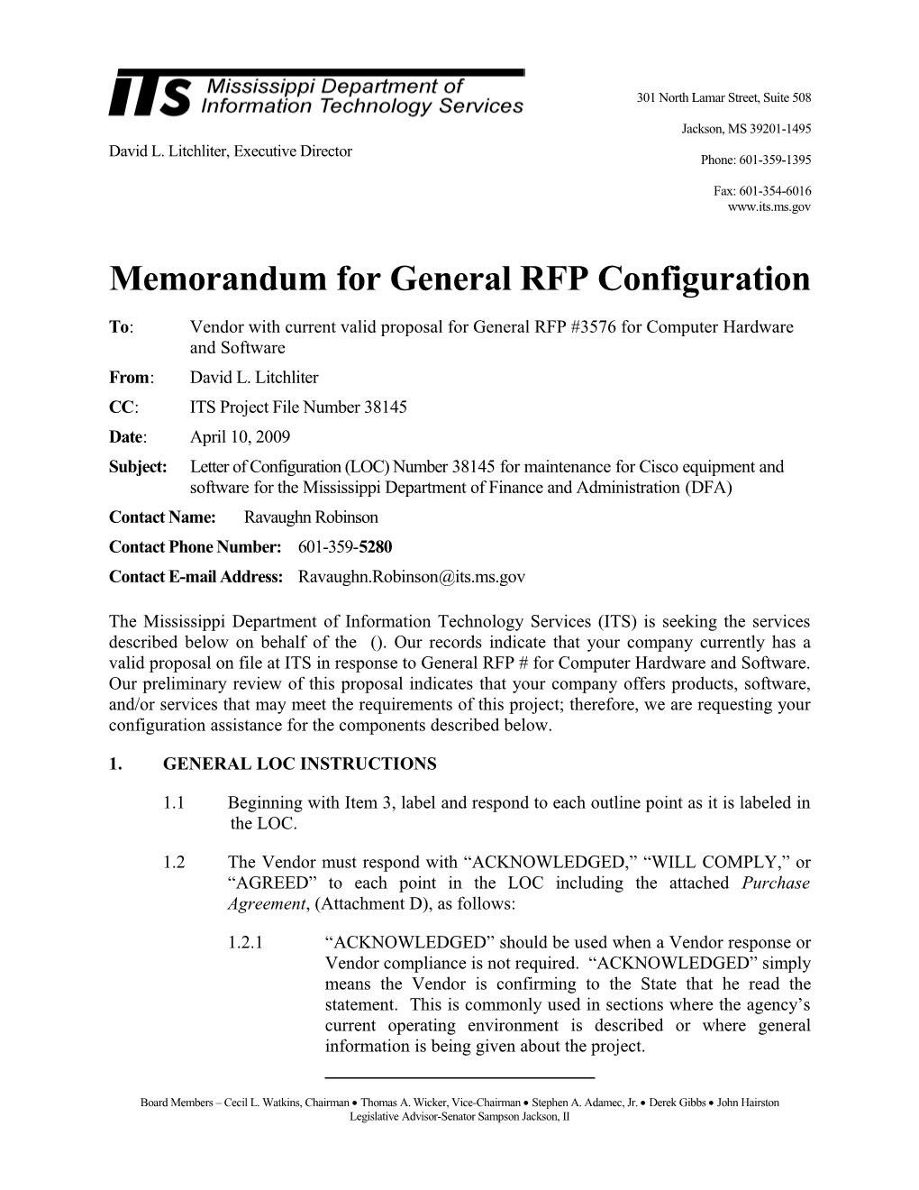 Memorandum for General RFP Configuration s18